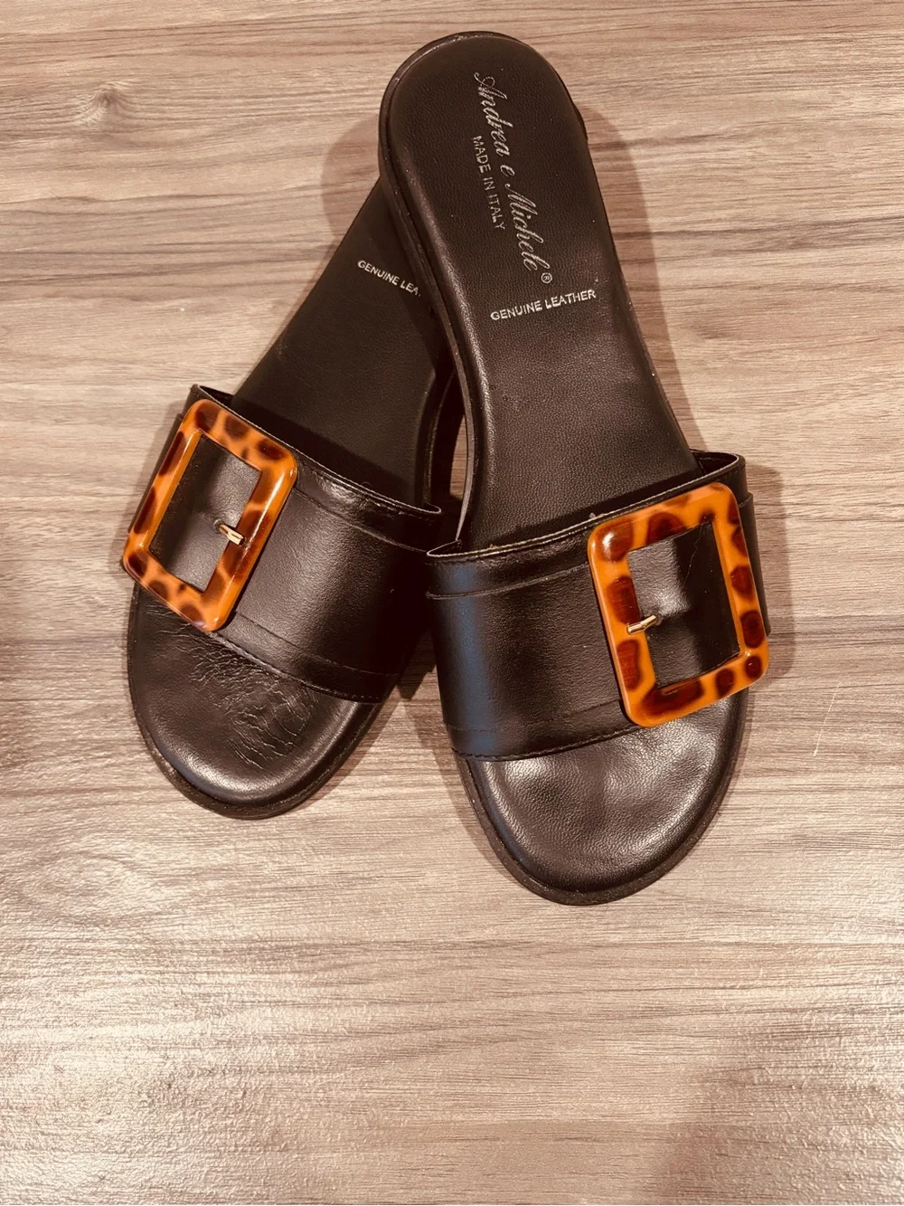 Genuine Italian Leather Tortoiseshell Slide Sandals Buckle Accent US 9.5 Summer